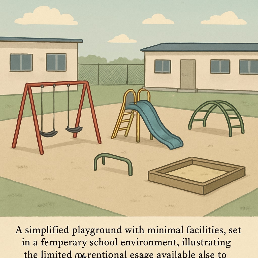 Temporary school playground with limited facilities affecting students' campus experience