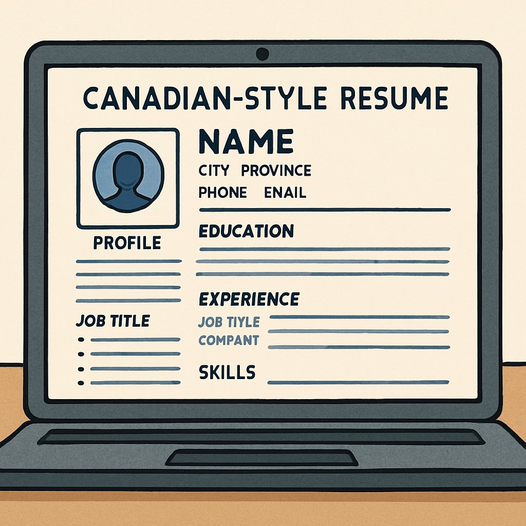 A sample Canadian-style resume template displayed on a laptop screen, showcasing professionalism and clarity. Canadian-style resume template on a laptop screen, highlighting professionalism.