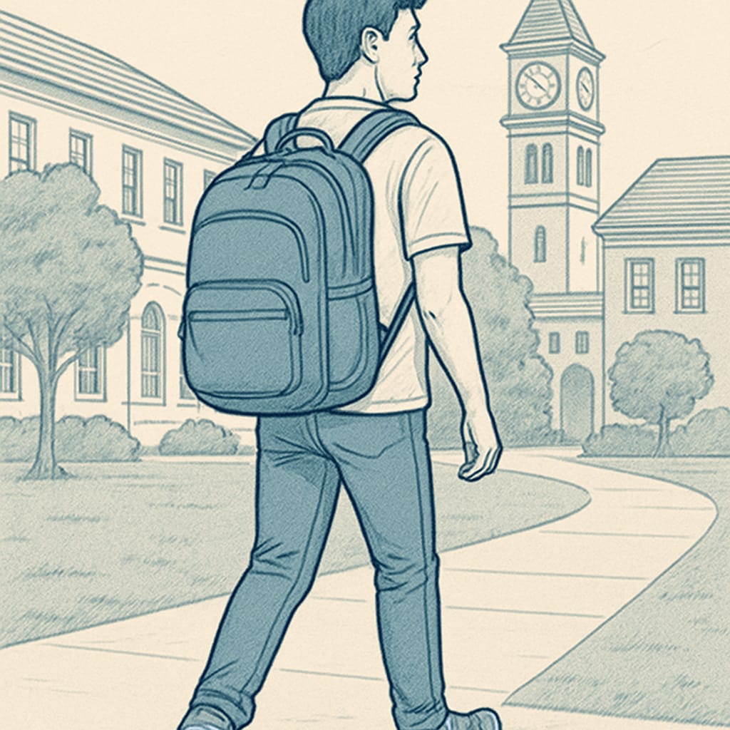 A college student wearing a backpack while walking on campus, showing its practicality and style. College student with a practical backpack for everyday use.
