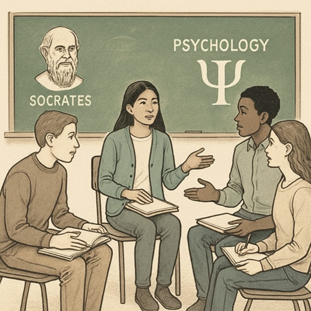 A group of students engaged in a discussion circle, illustrating collaborative learning in philosophy and psychology. Students discussing philosophy and psychology concepts in a group setting.