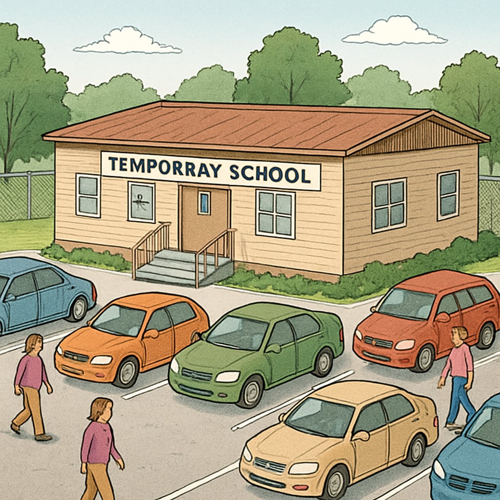 Temporary school building with reduced parental access during renovations