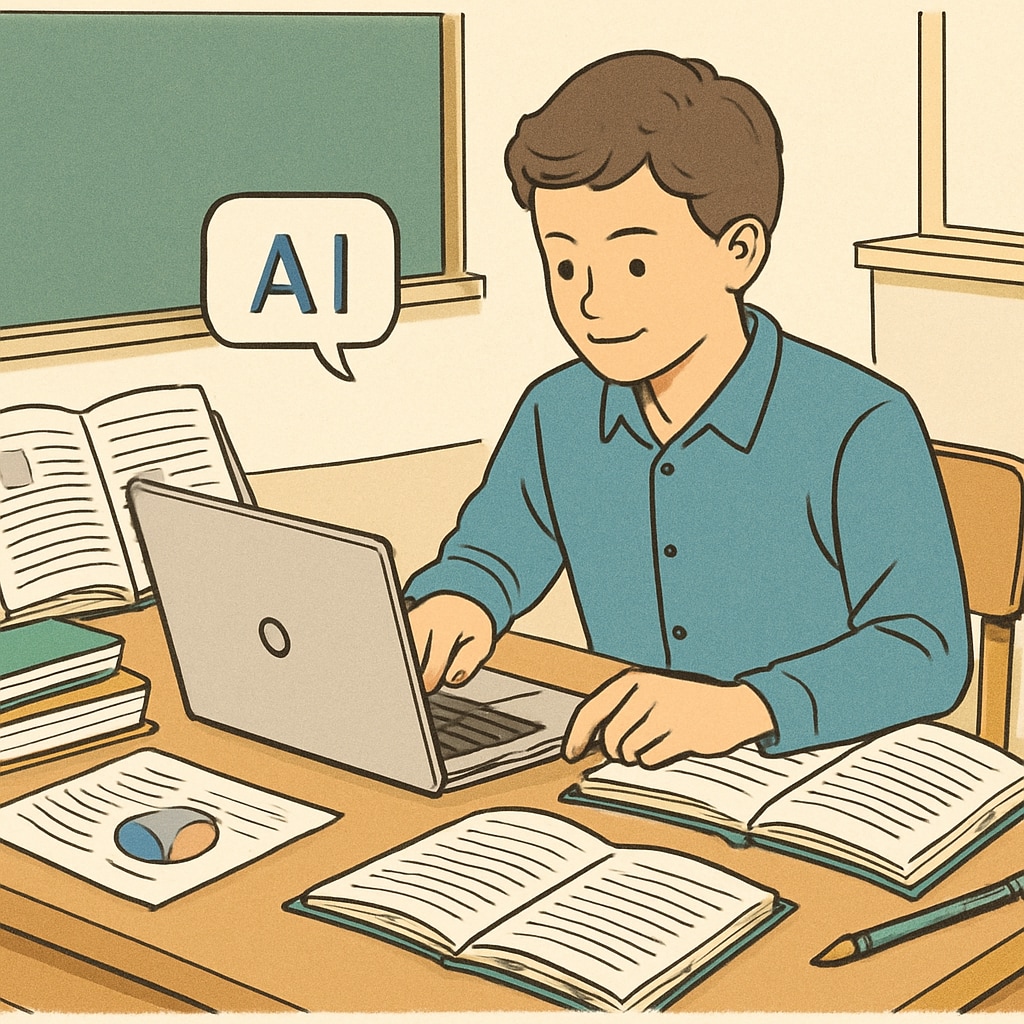 A student using AI tools while preparing for an exam, symbolizing the impact of technology on traditional education. Student using AI tools to prepare for competitive exams, representing the role of artificial intelligence in education.