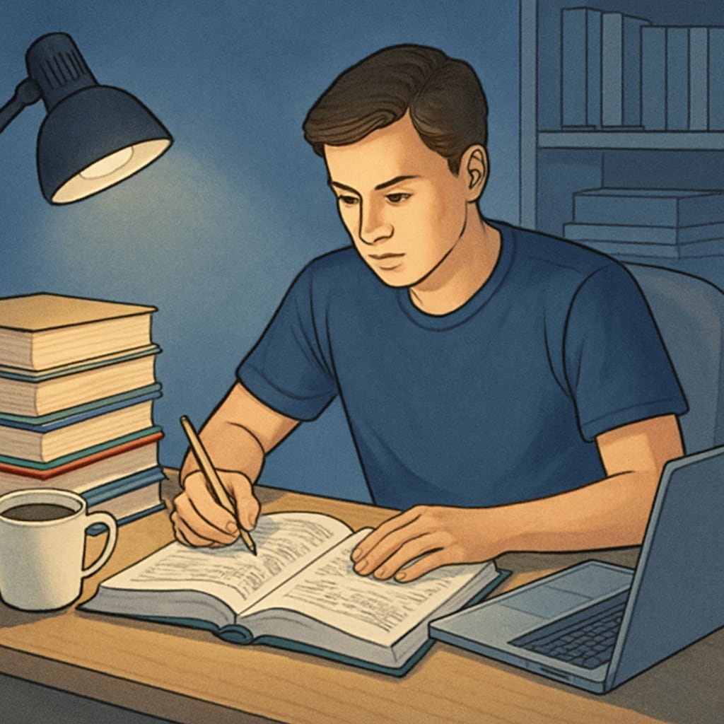 A student studying late at night, surrounded by textbooks and a laptop, symbolizing their determination to overcome financial barriers and pursue medical school. Medical school student studying late at night, highlighting financial struggles and persistence.