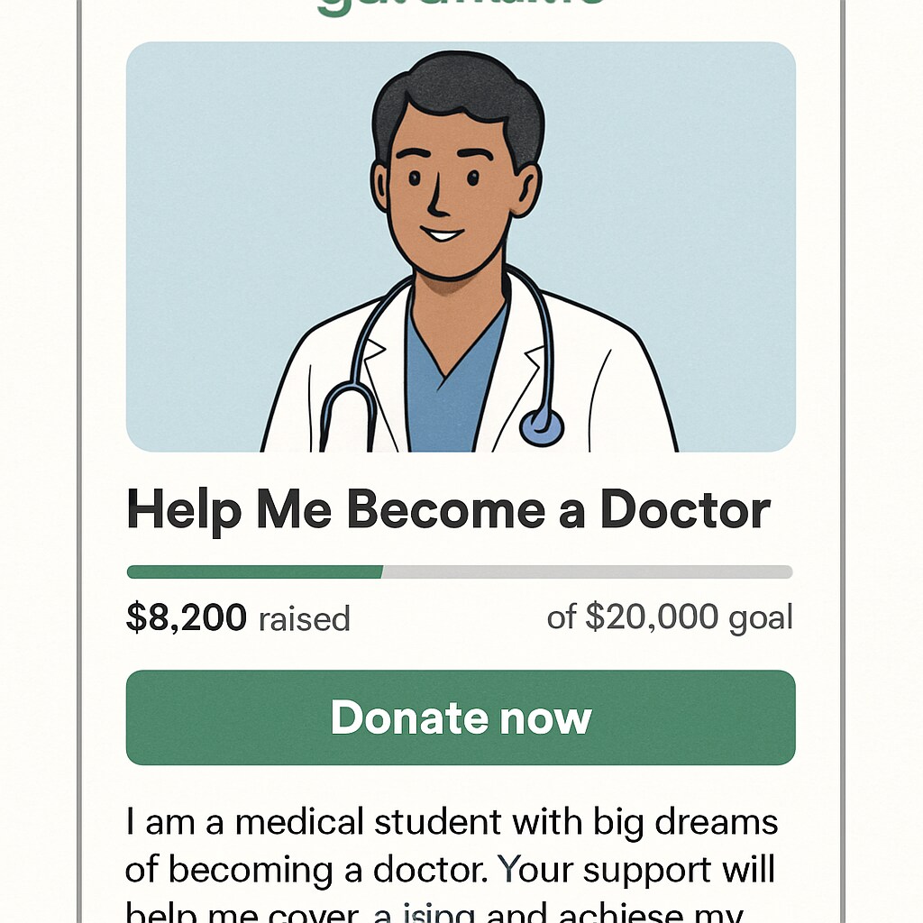A close-up of a GoFundMe campaign page highlighting a medical student's journey, with an inspiring caption about their dreams of becoming a doctor. GoFundMe campaign for medical school student facing tuition challenges.