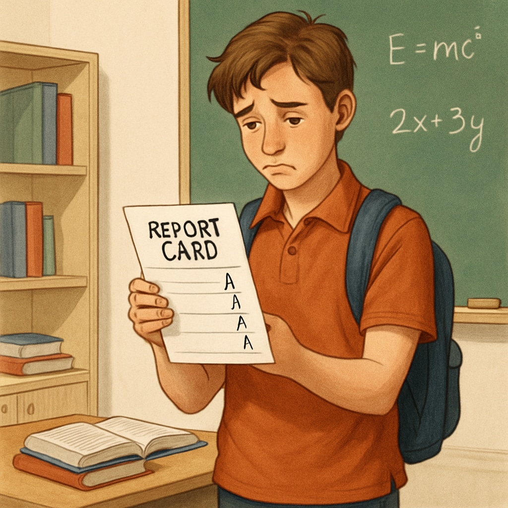 A student reviewing their grades, reflecting on their impact on Harvard admissions and CALM course performance.