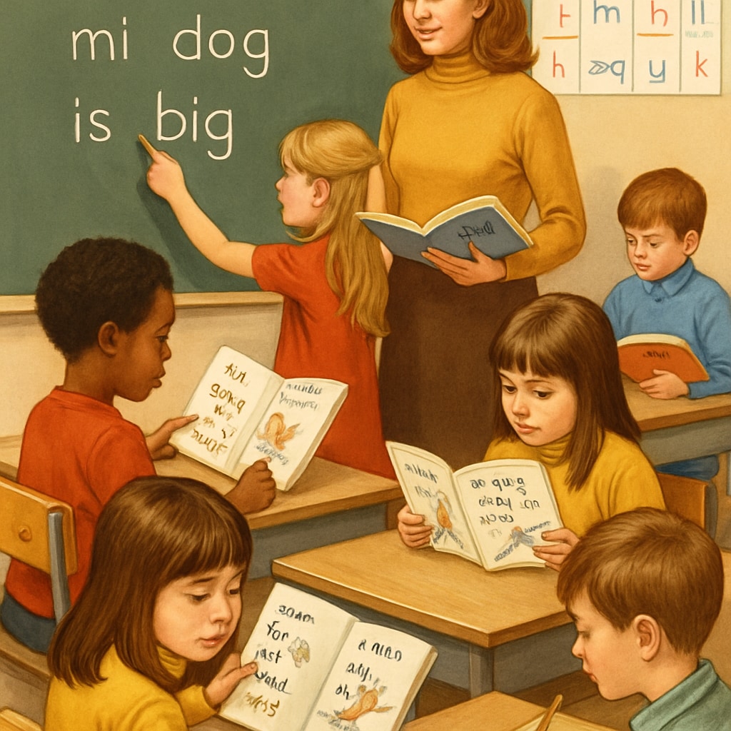 A classroom in the 1970s using ITA reading materials, showing children engaged in phonetic learning. 70s classroom with ITA teaching materials and students learning phonetics.