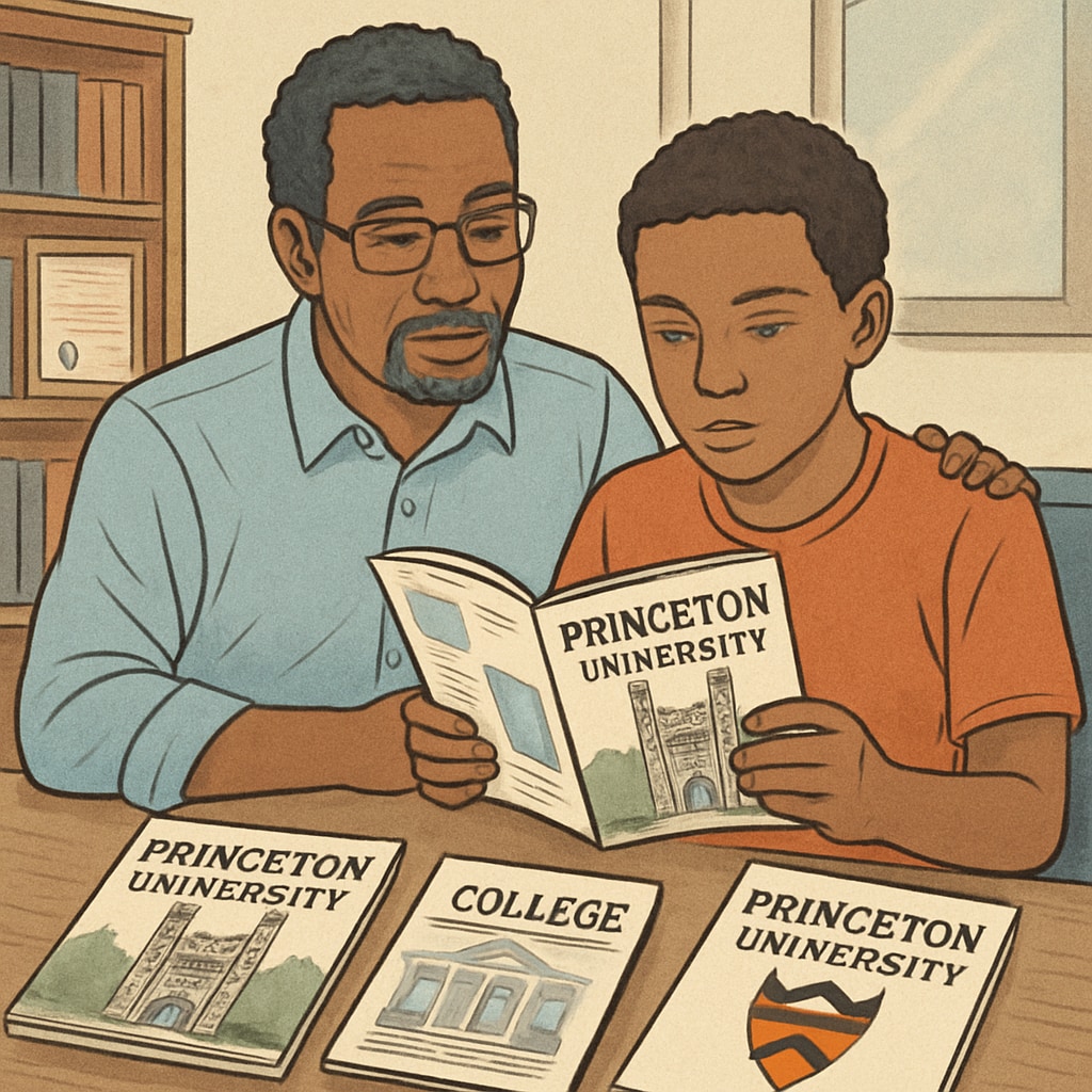 A parent and child reviewing college brochures, with Princeton University prominently featured. Parent and child discussing Ivy League school options with Princeton brochures.