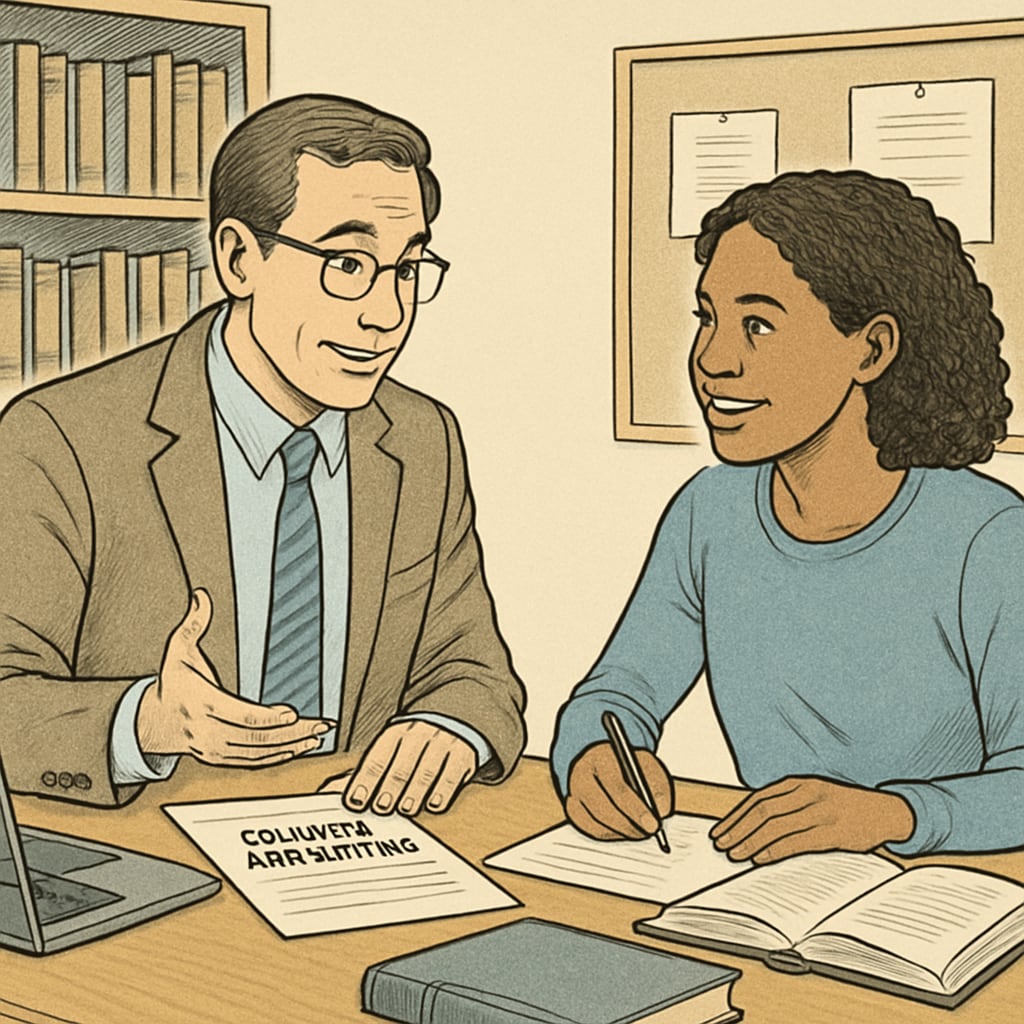 A student consulting a college advisor about retaking a CALM course to improve their Harvard application.