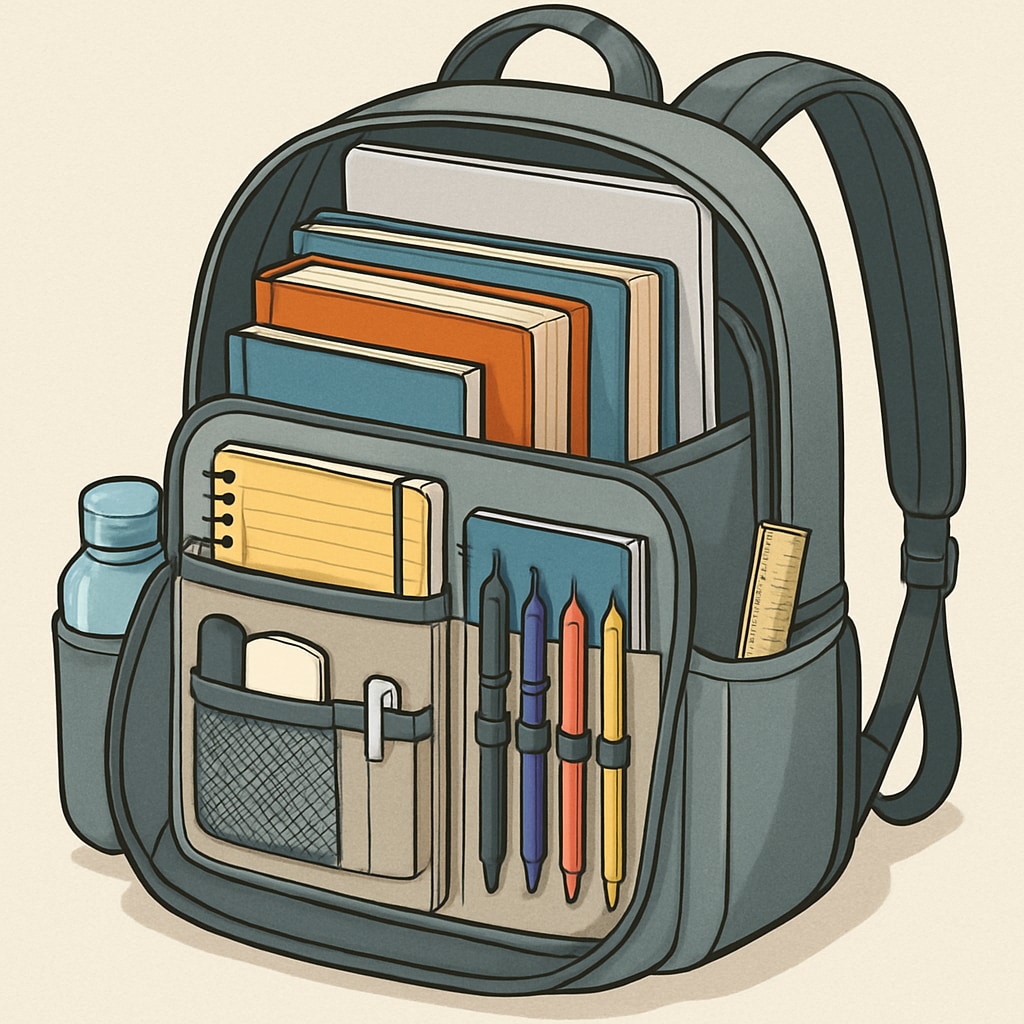 An organized backpack with books, a laptop, and school supplies.