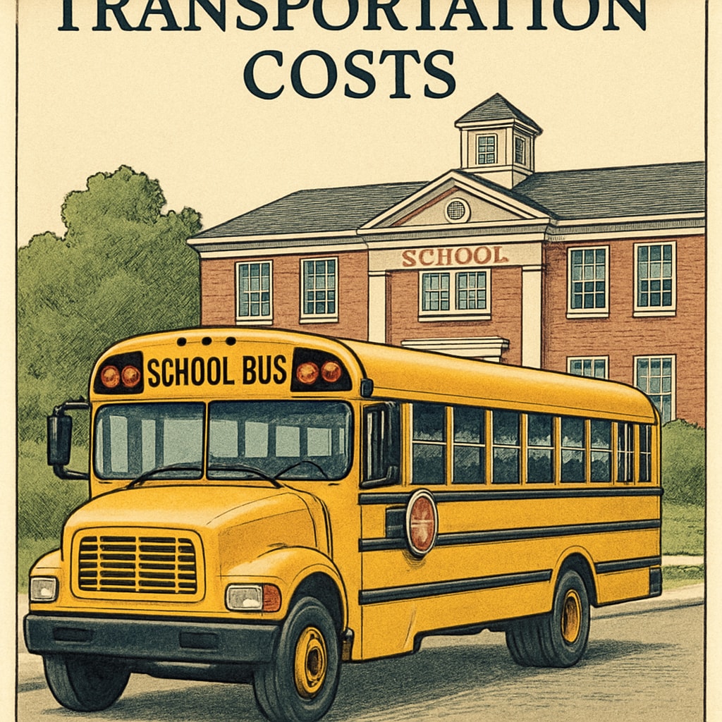A school bus parked in front of a school, symbolizing the role of transportation costs in school budgets. School bus representing transportation costs in education budgets.