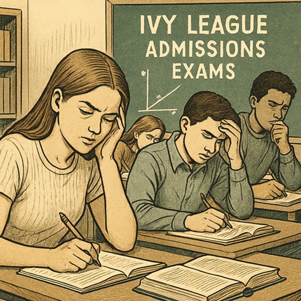 A classroom setting showing stressed students preparing for Ivy League admissions. Students in a classroom overwhelmed by Ivy League application pressures.