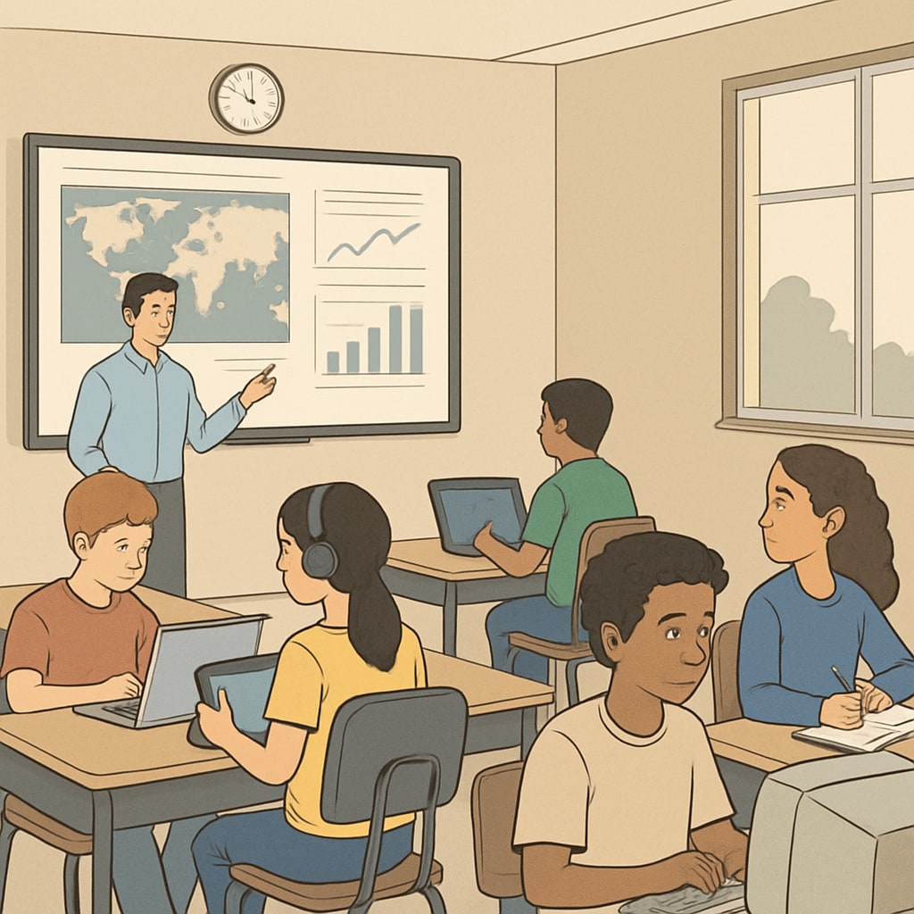 A modern classroom equipped with technology, showcasing disparities in resource allocation. Classroom with technology highlighting disparities in resource allocation.