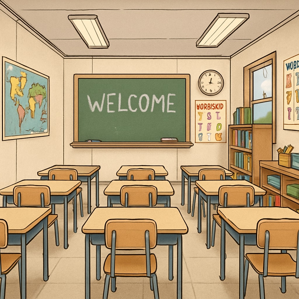 Elementary school students in a temporary classroom environment with limited space.