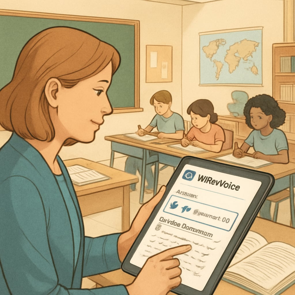 A teacher using WillowVoice on a tablet to provide feedback on student assignments. Teacher utilizing WillowVoice for feedback, improving education efficiency.