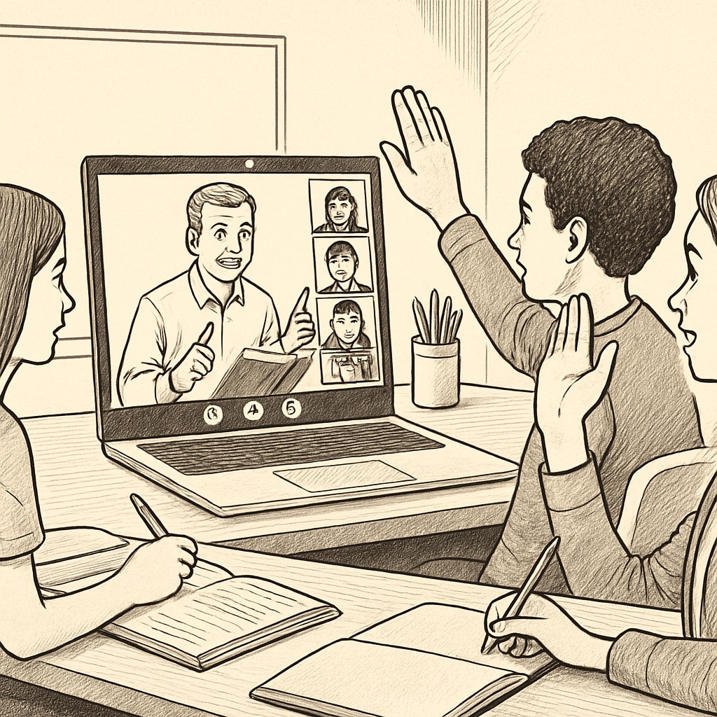 A group of students participating in an online group class session, engaging with their instructor. Students participating in an online class for extracurricular educational resources.