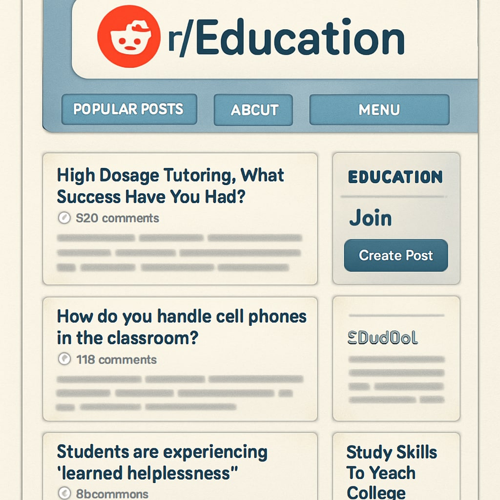 A screenshot of Reddit’s r/Education homepage, showcasing popular threads and discussions related to education. Reddit r/Education homepage featuring threads on community rules, education subreddits, and posting tips.