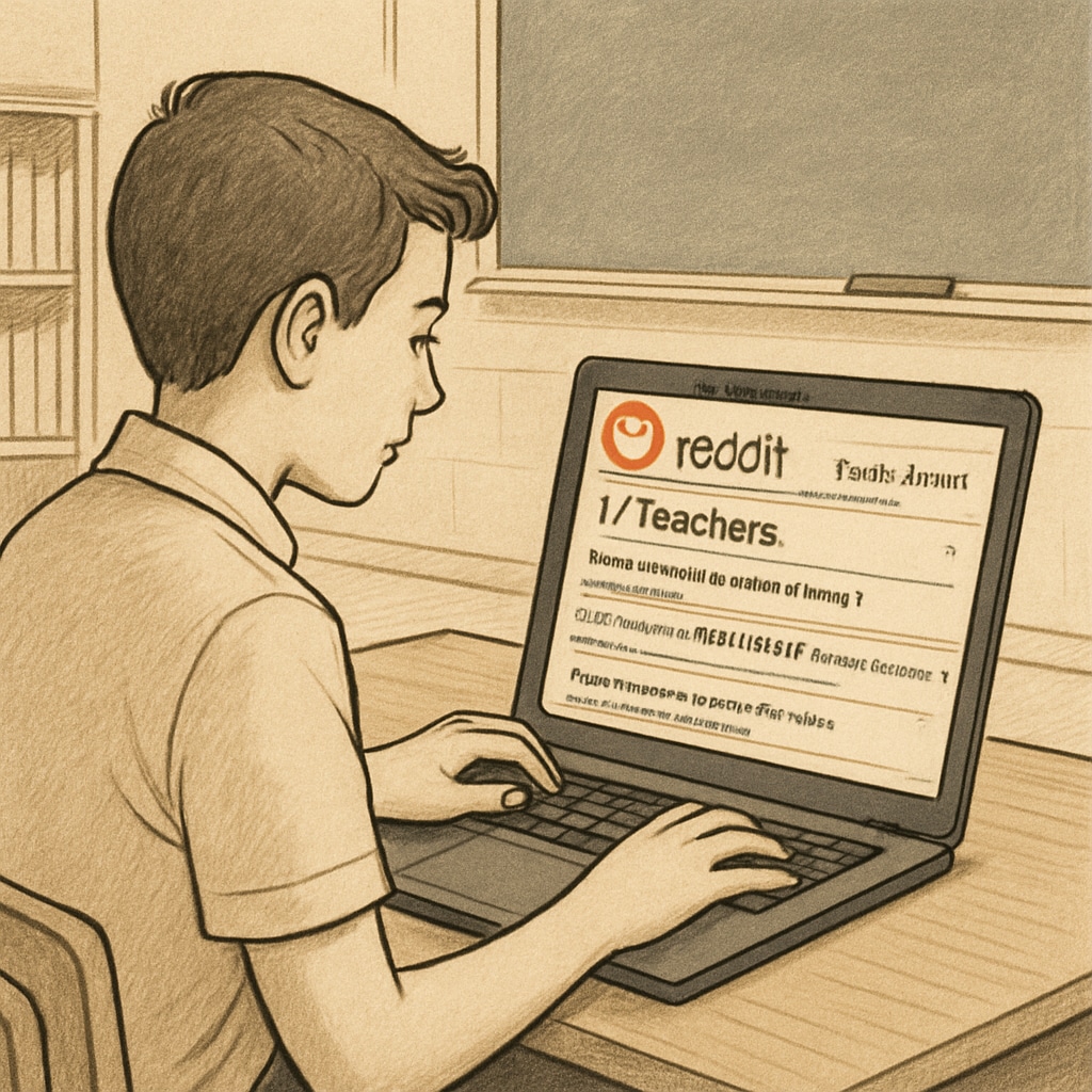 A student browsing Reddit on a laptop, with the r/Teachers subreddit visible on the screen. Student exploring Reddit’s r/Teachers subreddit for educational tips and resources.