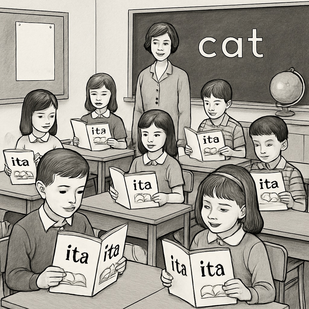 A black-and-white classroom image showing children using Initial Teaching Alphabet books, emphasizing early literacy education. Children in a classroom learning to read using the Initial Teaching Alphabet method.