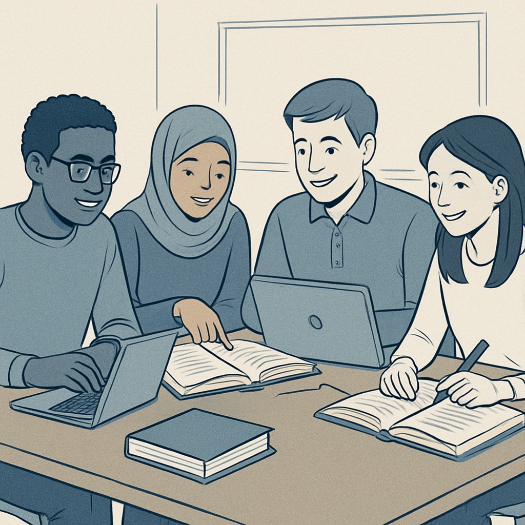 A group of diverse students collaborating in a study session, sitting around a table with laptops and textbooks. Diverse students collaborating in a study group at the University of Houston.