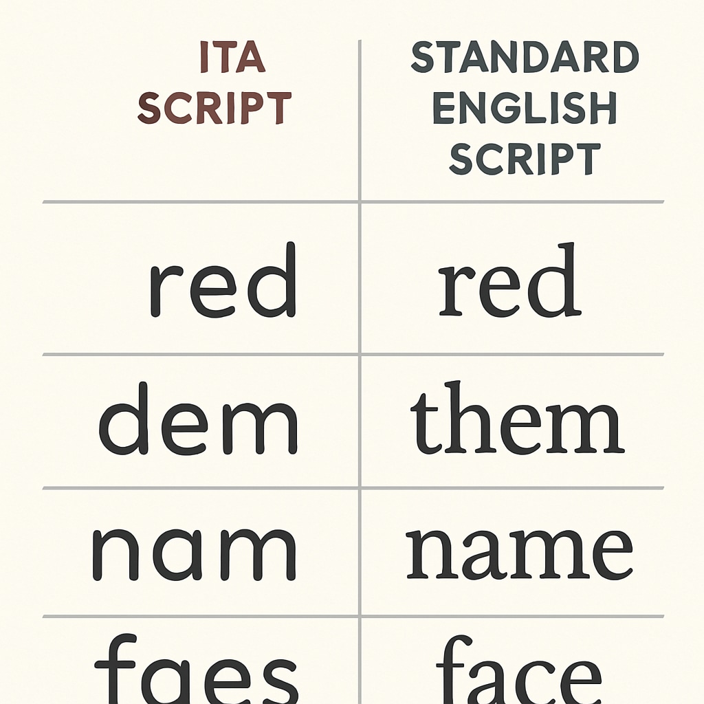 A visual comparison of ITA script and standard English script, illustrating the differences in spelling conventions. Side-by-side comparison of ITA and standard English spellings.