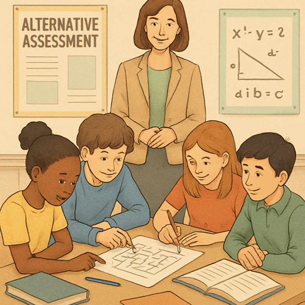 A classroom setting where students collaborate on group problem-solving activities, showcasing alternative assessment methods. Students working on group tasks, emphasizing creativity and collaboration in exams.