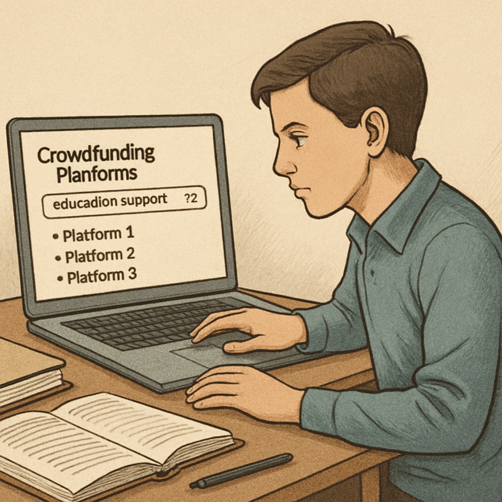 A student sitting at a desk with a laptop, researching crowdfunding platforms to fund their education. A student researching education crowdfunding options like GoFundMe.