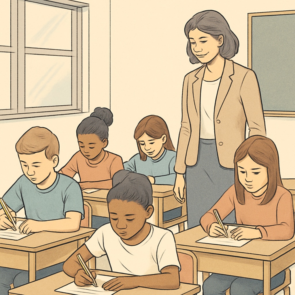 A classroom scene showing students working on individual assignments while a teacher observes, symbolizing the importance of academic integrity. Students working on assignments with a teacher observing, representing academic integrity discussions.