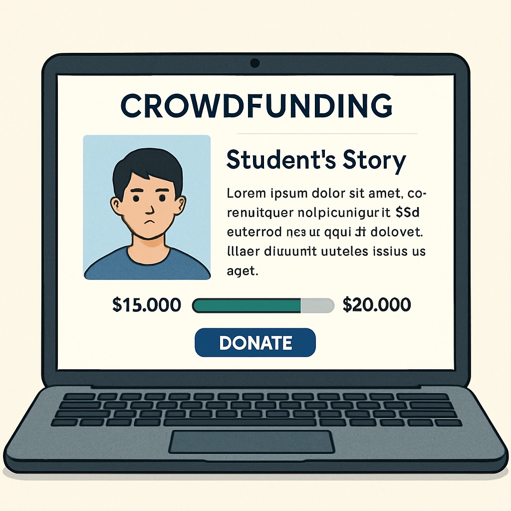 A crowdfunding campaign page on a laptop screen, showing a student’s story and donation progress. A GoFundMe campaign page for a financially disadvantaged student.