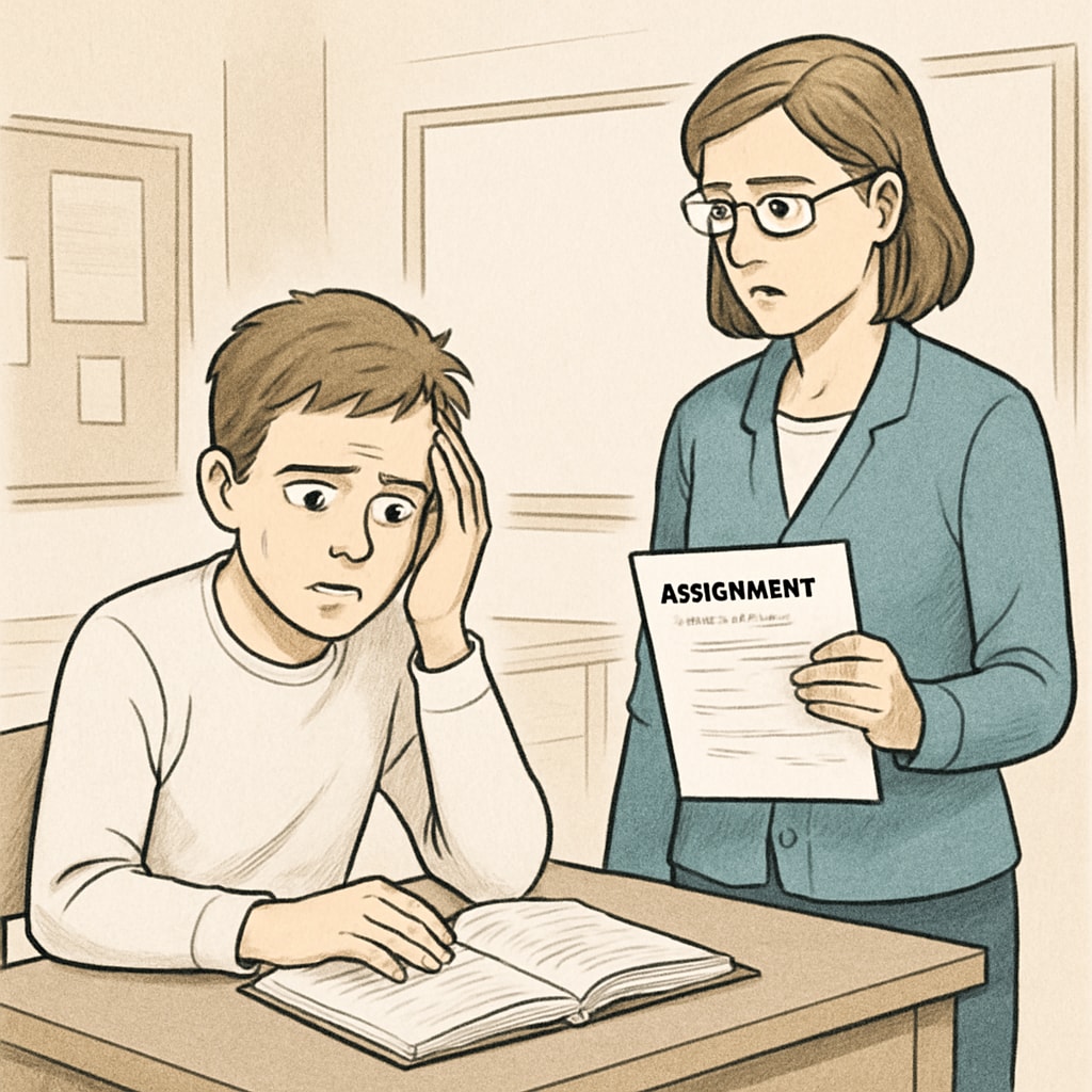 A distressed student sitting at a desk with a teacher holding an assignment, representing the emotional impact of false plagiarism accusations. Student distressed by a teacher holding their assignment, illustrating false plagiarism accusation impacts.