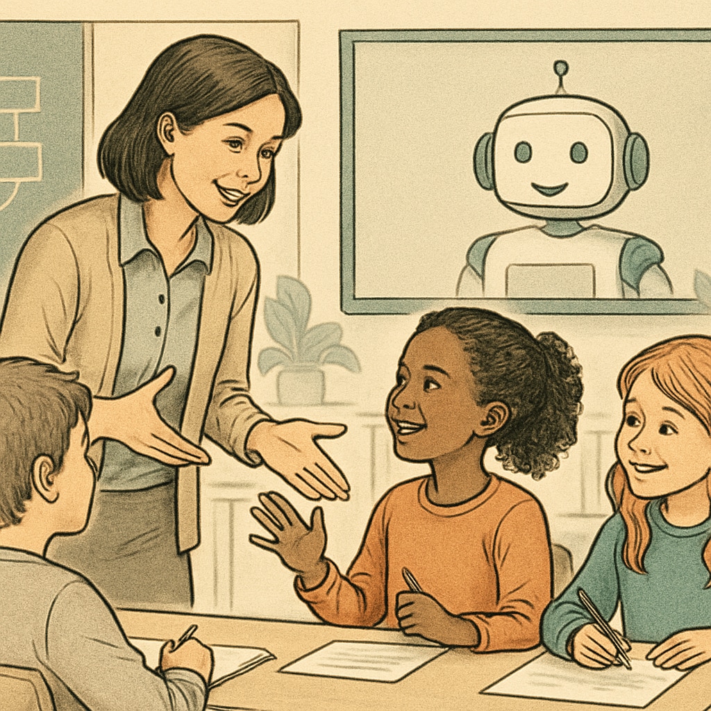 Teacher guiding students in an AI-enhanced classroom.