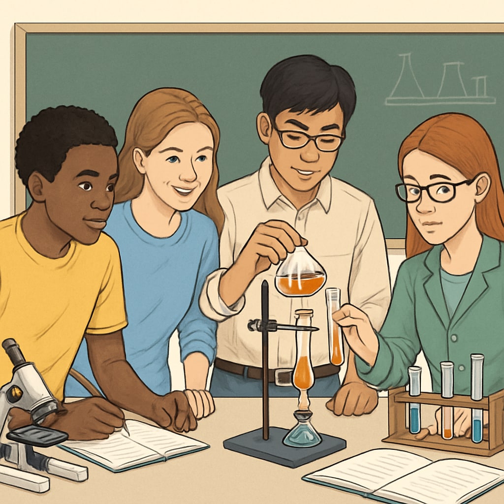 A diverse group of high school students conducting a science experiment together, showcasing collaboration and engagement. English learners and peers conducting a science experiment in a supportive classroom.