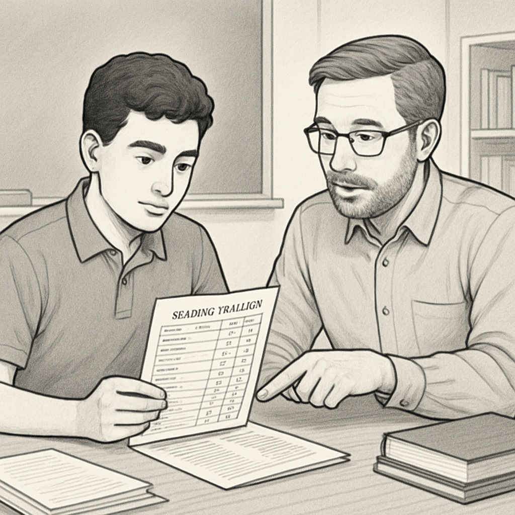 A high school student reviewing their academic transcript with a mentor, symbolizing academic self-reflection and planning. Student reviewing transcript with mentor, related to Harvard admissions.