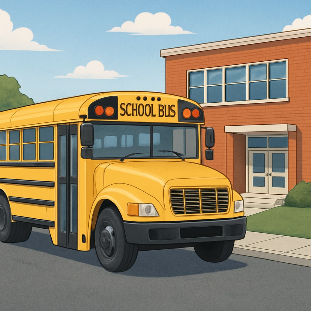 School bus near a classroom building related to transportation costs in school budgets.