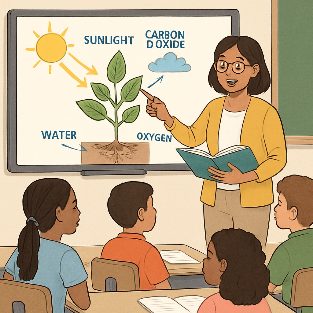 A teacher using a smartboard to explain a scientific concept, surrounded by attentive students, including English learners. High school science teacher explaining a concept with visual aids to a diverse class.