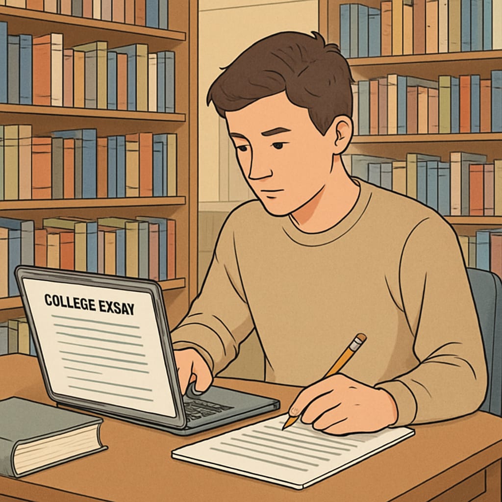 A student writing a college essay on their laptop in a library setting, emphasizing the importance of crafting strong applications. Student writing a college essay, related to Harvard admissions strategies.