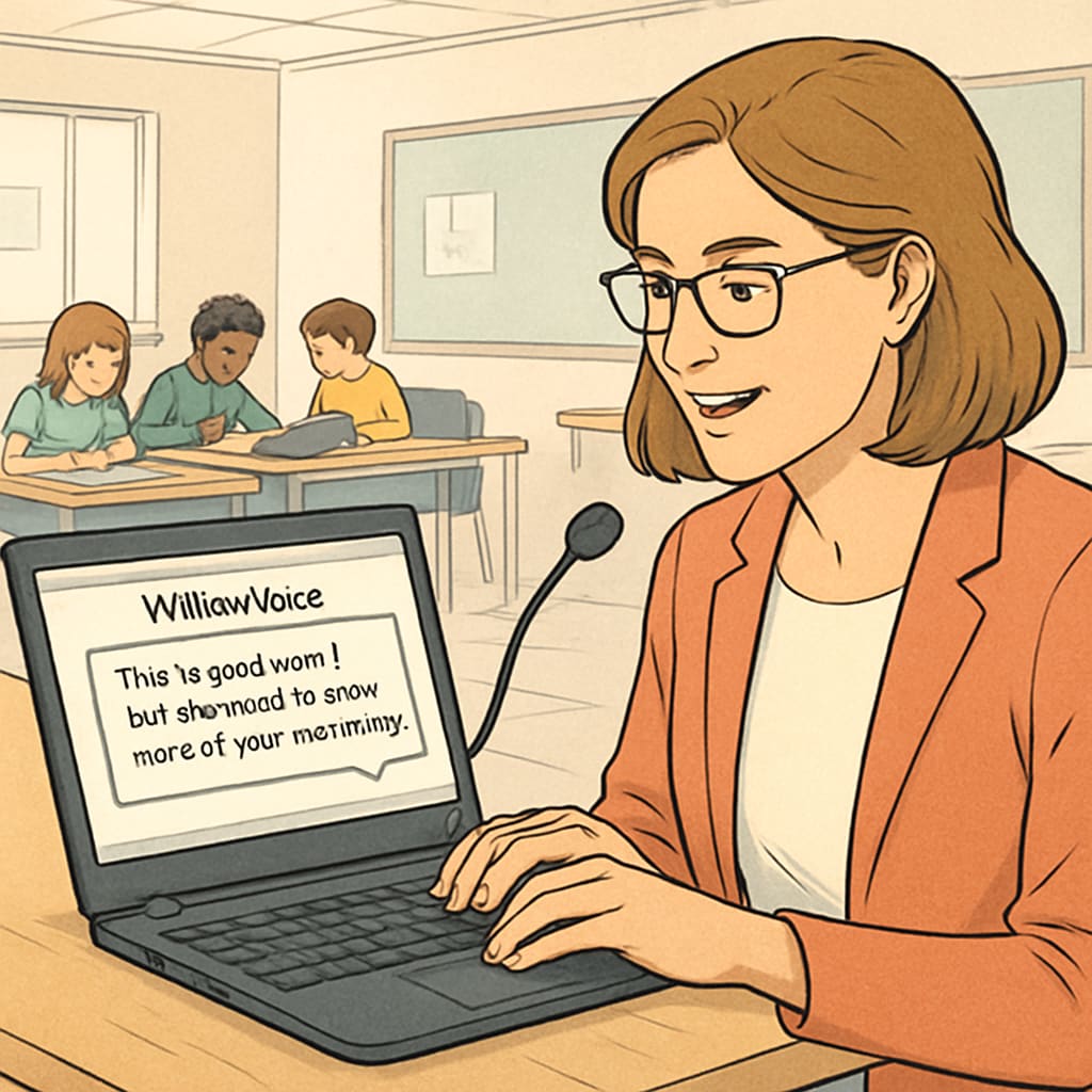 An educator using WillowVoice software during a classroom activity to convert spoken feedback into text in real time. Educator using WillowVoice for real-time speech-to-text conversion during a classroom activity.
