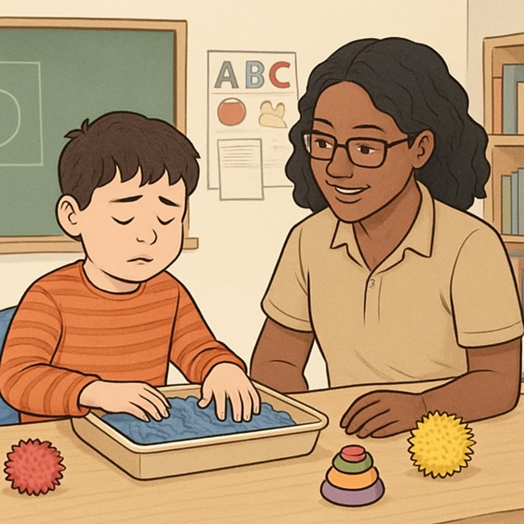 A classroom setting with a teacher assistant helping a child with autism work on a sensory activity. Teacher assistant guiding a child with autism during a sensory activity in a special education classroom.
