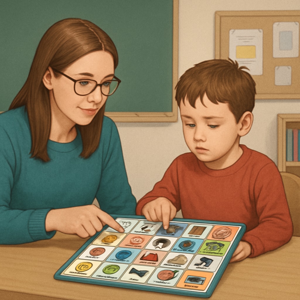A teacher assistant encouraging a non-verbal child with autism to use a communication board. Teacher assistant helping a non-verbal child with autism communicate using a board.
