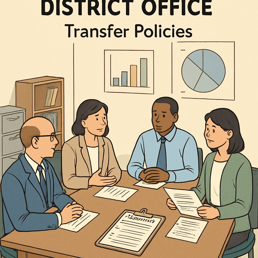 School district administrators discussing transfer policies in an office setting.