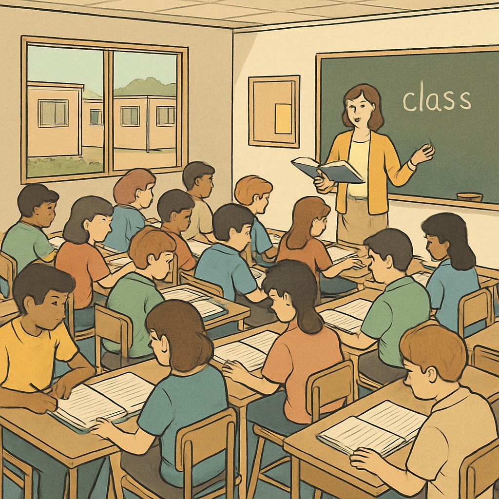 A classroom in a temporary campus setup with students seated in a compact space, emphasizing the limitation of space during school renovations. Temporary campus classroom setup affecting student experience.