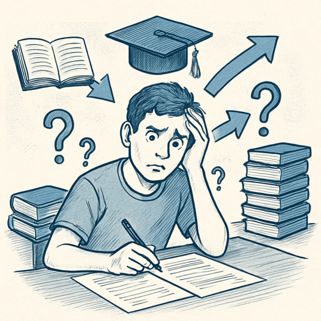 A student sitting at a desk with exam papers, looking stressed and confused about choosing an education path. A-Level exam setbacks and education choices