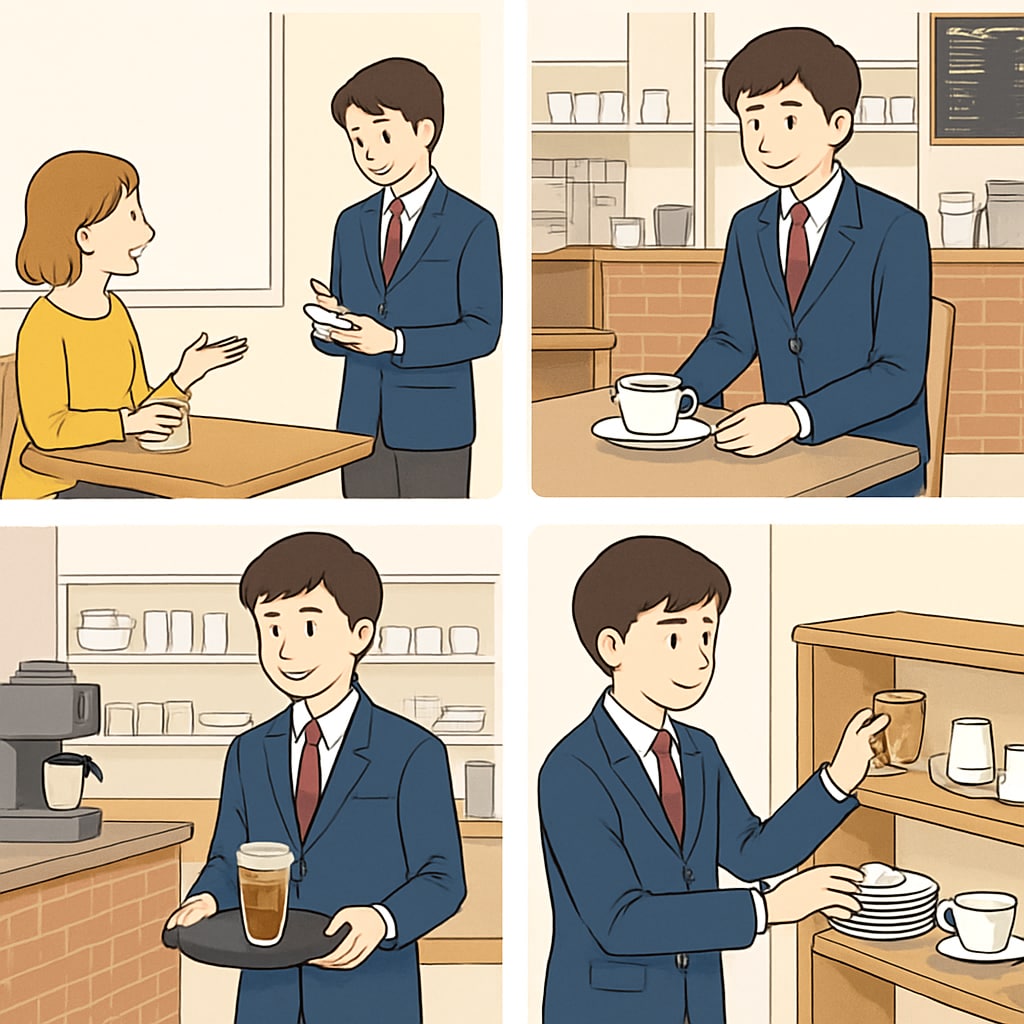 A high school student working part-time, managing tasks responsibly at a café. High school student at part-time job balancing work with academics.