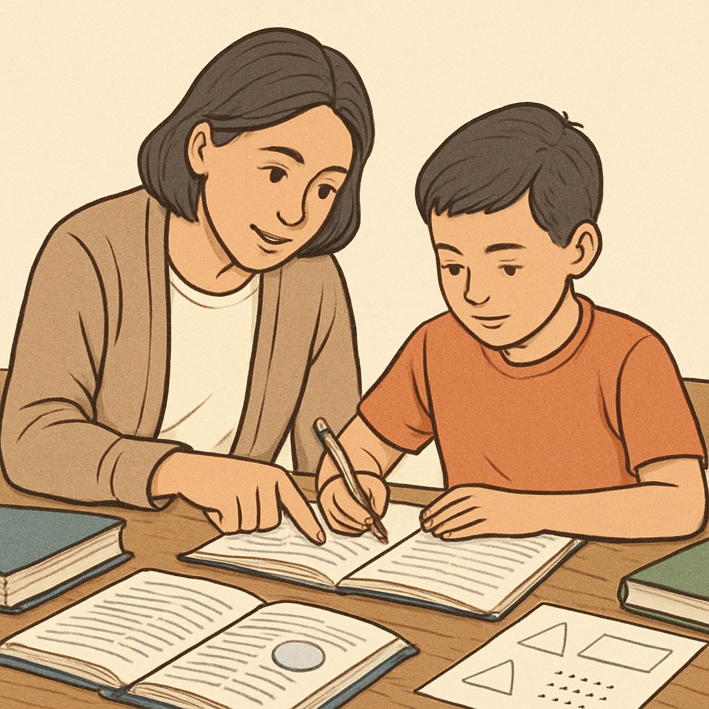 A parent helping their child with schoolwork at home, emphasizing involvement during the transition period. Parental involvement during temporary campus transitions.
