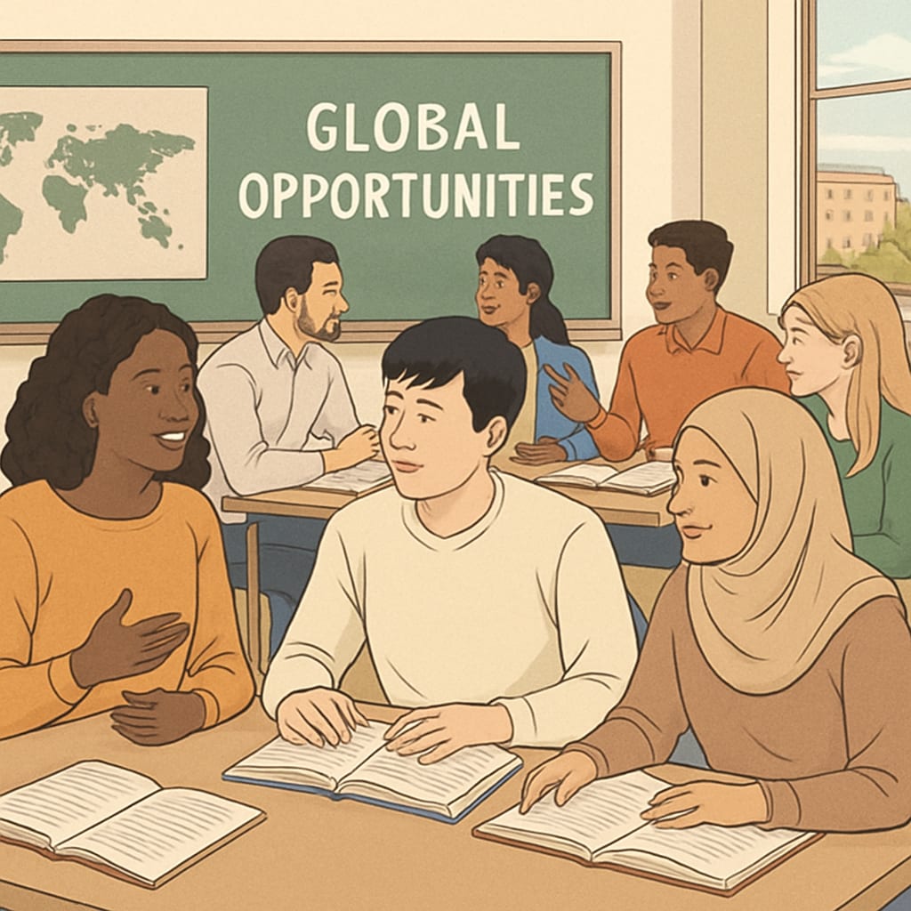 A classroom with international students engaged in discussions during a foundation course, highlighting global opportunities. Foundation courses abroad for A-Level students