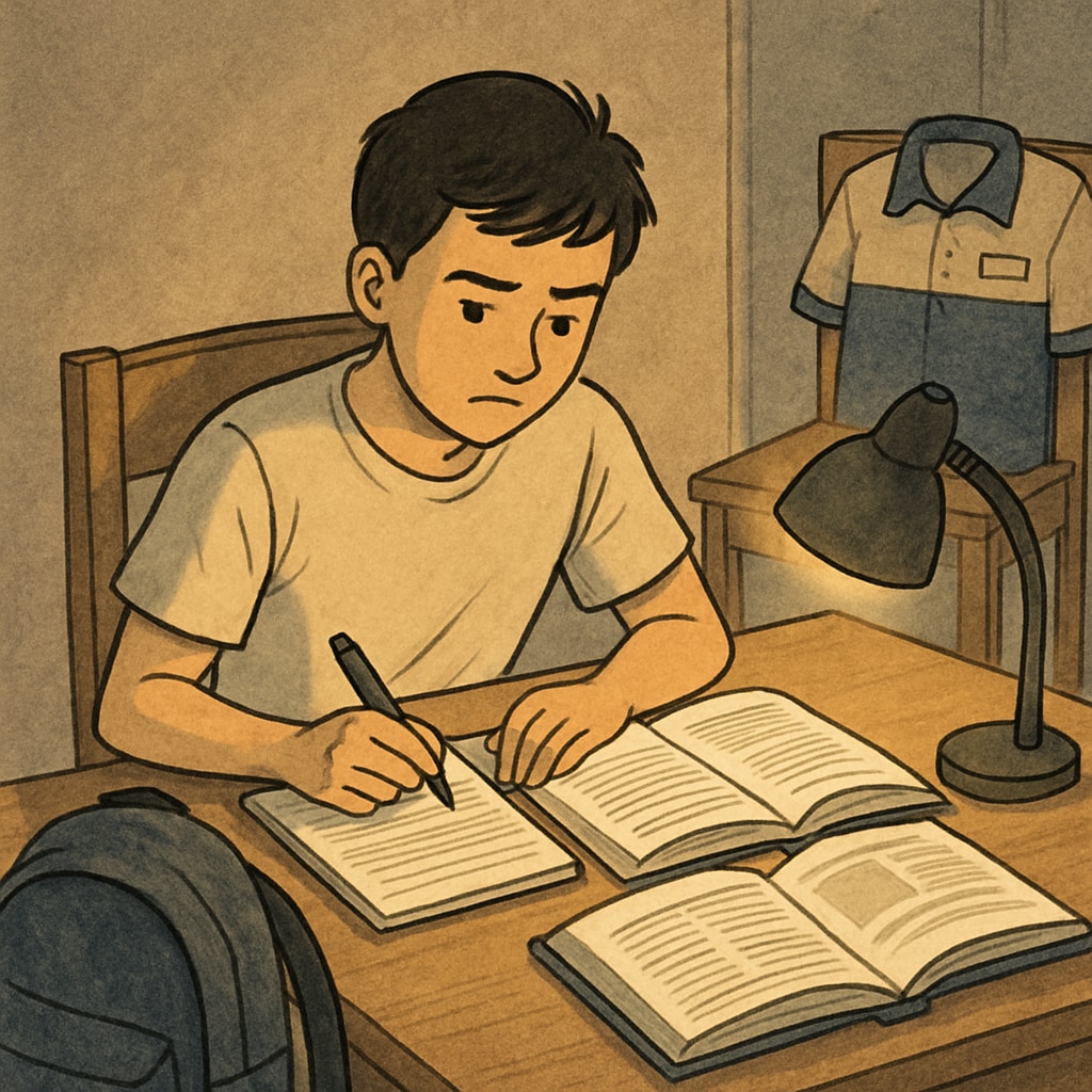 A student reviewing schoolwork in the evening after a part-time shift at a local store. Teen studying after part-time work to maintain academic balance.