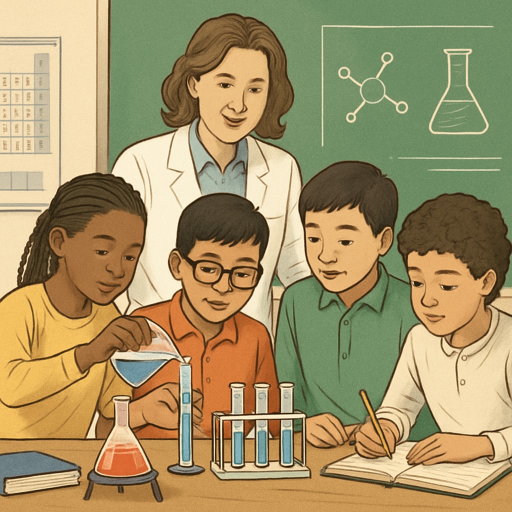 A diverse group of students conducting a science experiment together, guided by their teacher. Diverse students working on a science experiment with teacher support.
