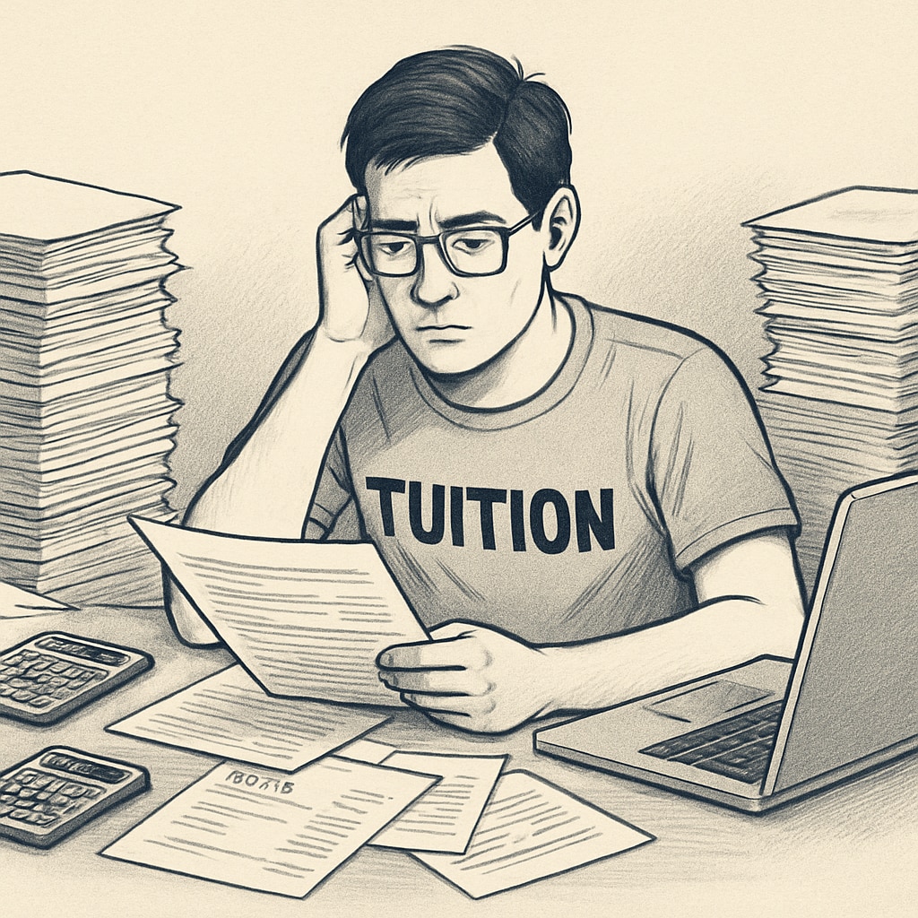 A university student sitting at a desk surrounded by financial paperwork, symbolizing the stress of managing tuition costs. A student managing tuition costs, representing financial struggles in education.