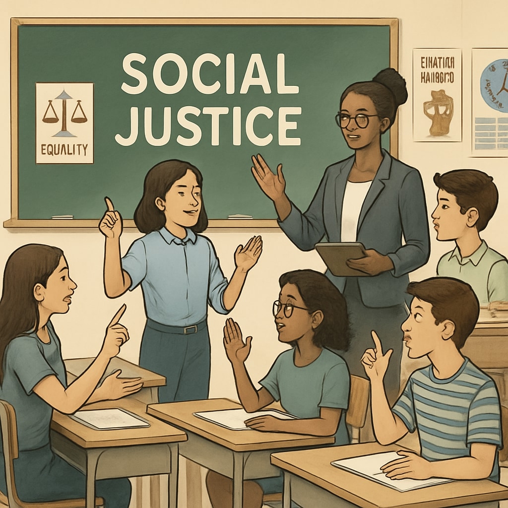 A classroom discussion where students are engaging in a debate about social justice topics, highlighting diverse perspectives. Students discussing social justice topics in a classroom, showcasing wokeness and school influence.