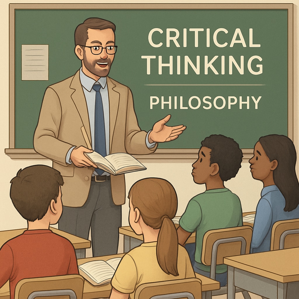 A classroom with a professor teaching critical thinking through philosophy to attentive middle school students. Philosophy teachers conducting a critical thinking session as part of a social experiment.