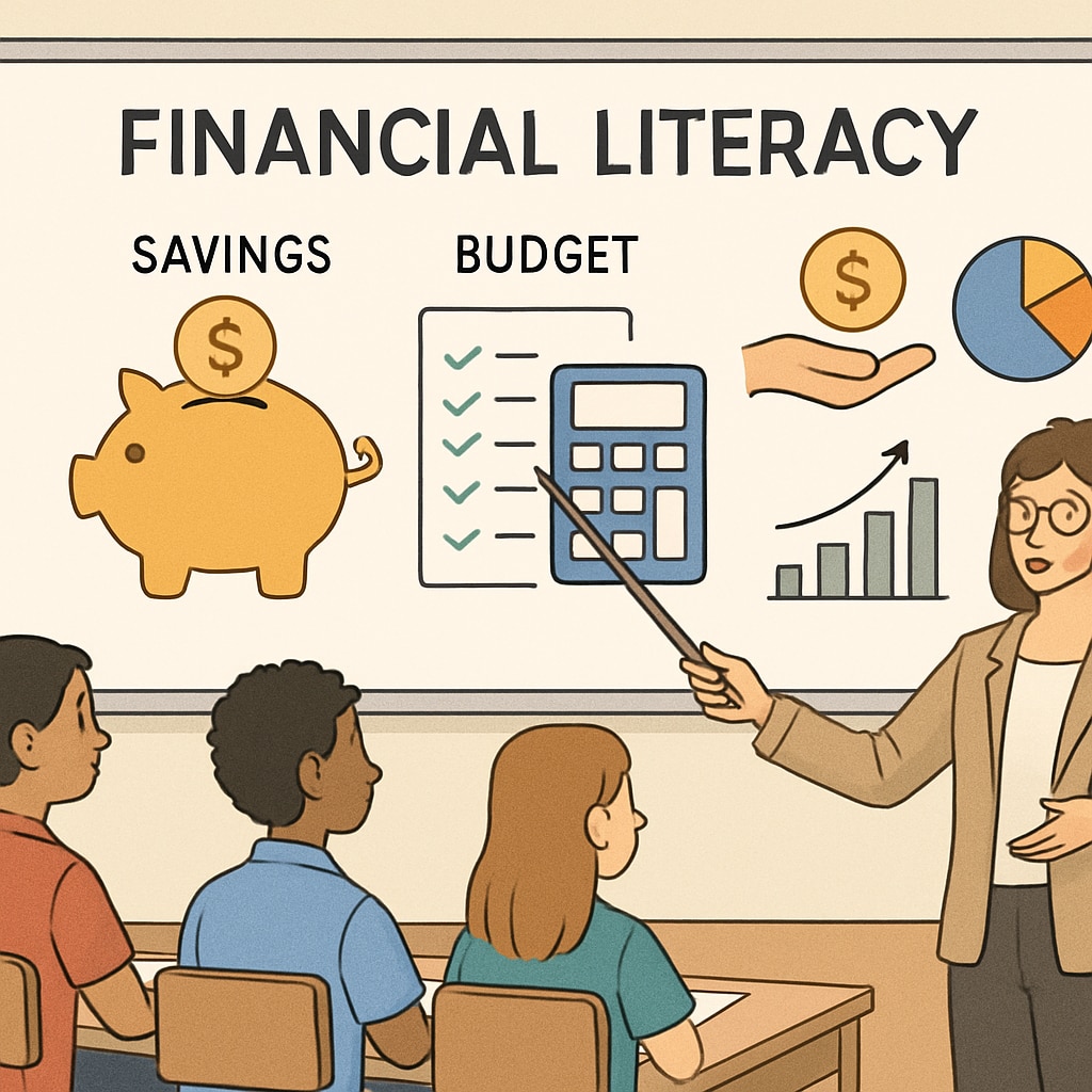 A classroom where students are being taught financial literacy, with visuals of savings and budgeting displayed on a whiteboard. A classroom session on financial literacy during the K-12 stage.